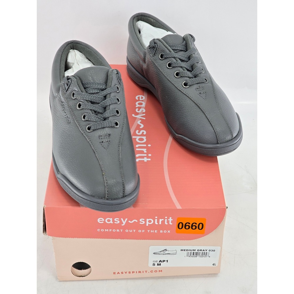 Easy Spirit AP1 Walking Shoes Women 5 M Medium Gray Leather Lace Up - NEW